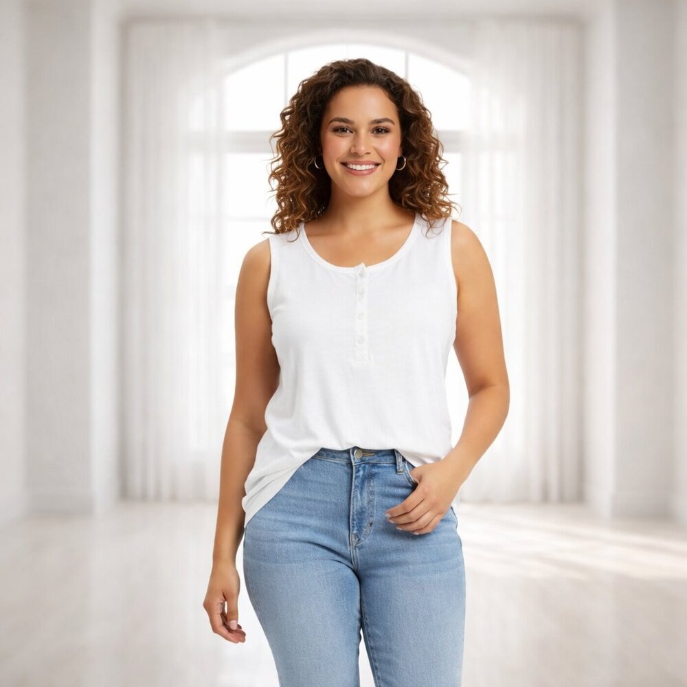 2 For $15 Denim & Co. White Sleeveless Cotton Spandex Button Top 1X